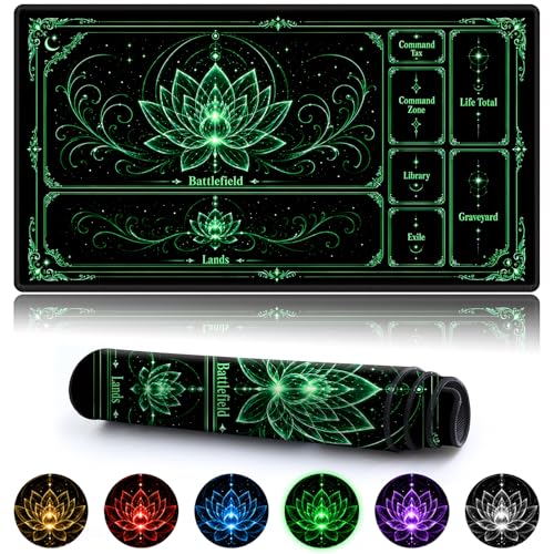 Playmat for MTG with Zones, 24 x 14 Inch Card Game Mat, Stitched Edges, Non Slip Rubber Base, 2mm Washable Play Mat with Storage Bag, Lotus Flower Design, Green Color - color: Green