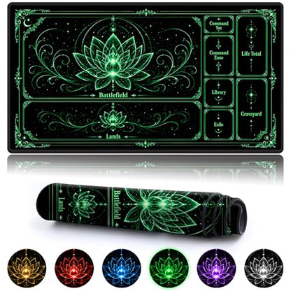 Playmat for MTG with Zones, 24 x 14 Inch Card Game Mat, Stitched Edges, Non Slip Rubber Base, 2mm Washable Play Mat with Storage Bag, Lotus Flower Design, Green Color - color: Green
