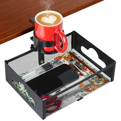 MYITYARD Desk Cup Holder Clamp, Anti-Spill Clip On Table Cup Holder with Rotation Drawer Organizer, Under Desk Storage Box Drink Holder for Desk Attachment, Gaming Desk Accessories for Office Home - color: Desk Cup Holder with Drawer Organizer