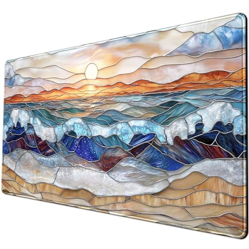 Mountain Sunrise Gaming Mouse Pad Large Desk Mat Extended Mouse and Keyboard Pad, Faux Stained Glass Nature Mousepad with Stitched Edge Mouse Desk Pad Computer Mat Soft Aesthetic Decor 31.5 X 15.7 in - color: D-enamel Beach