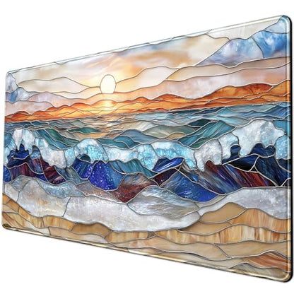 Mountain Sunrise Gaming Mouse Pad Large Desk Mat Extended Mouse and Keyboard Pad, Faux Stained Glass Nature Mousepad with Stitched Edge Mouse Desk Pad Computer Mat Soft Aesthetic Decor 31.5 X 15.7 in - color: D-enamel Beach