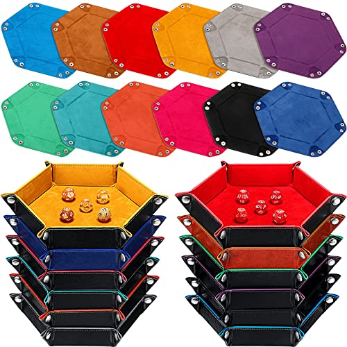 12 Pcs Dice Tray Bulk for Rolling Portable Folding Hexagon Dice Holder Tray Strong Box Portable PU Leather Velvet for Games Like RPG, and Other Table - color: Yellow,orange,blue,gray,green