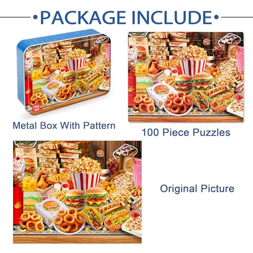 LELEMON Puzzles for Kids Ages 4-6,Hamburger Foods 100 Piece Puzzles for Kids Ages 4-8 in a Metal Box, Educational Jigsaw Puzzles 100 Piece Puzzle Games Puzzle Toys for Girls and Boys - color: Hamburger Foods
