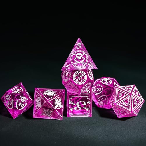 Cusdie 7-Piece Sharp Edges DND Dice Set with Pirate Design - Perfect for Tabletop RPGs Board Games Gifting and Collecting(Rose Red w/White Pirate Pattern) - color: Rose Red W/White Pirate Pattern