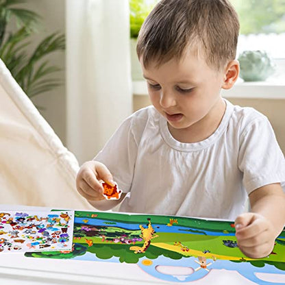 ASTARON Reusable Sticker Book for Toddlers, 88 Pcs Animal Stickers Road Trip Activities Car Airplane Activities Travel Toys for Kids, Kids Quiet Time Activities (3-6 Age) - style: Animals