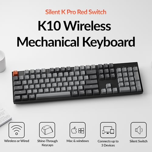 Keychron K10 Full Size 104 Keys Bluetooth Wireless Mechanical Gaming Keyboard for Mac Windows with Keychron Silent K Pro Red Switch, Multitasking/White LED Backlight/USB C Wired Computer Keyboard - color: Keychron Silent K Pro Red Switch
