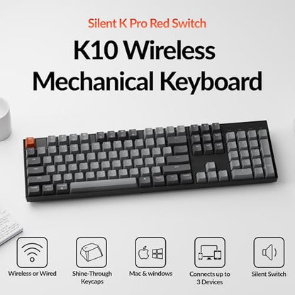 Keychron K10 Full Size 104 Keys Bluetooth Wireless Mechanical Gaming Keyboard for Mac Windows with Keychron Silent K Pro Red Switch, Multitasking/White LED Backlight/USB C Wired Computer Keyboard - color: Keychron Silent K Pro Red Switch
