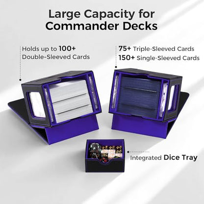 MTG Commander Deck Box with Dual Display Windows and Dice Tray | Fits 100 Double-Sleeved Cards, PU Leather, 2 Magnetic Card Holders, 2 Dividers, Black & Purple - color: 2. Black & Purple