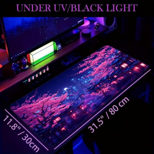 Simpkeely Fantasy Night City Gaming Mouse Pad, Blacklight Japanese Residential Buildings Landscape Neon Large Waterproof UV Reactive Non-Slip Rubber Base Mousemat for Office Home - 31.5" x 11.8" - color: Japanese City