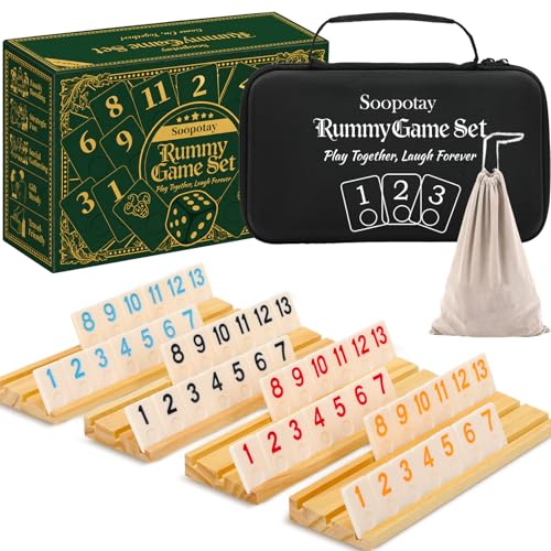 2-4 Players Rummy Game Gifts for Men Women Father Mother, Rummy Game with 4 Wooden Racks, 106 Melamine Tiles, Drawstring Bag, Portable Case, Family Board Games for Adults & Kids Age 8+