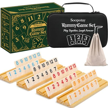 2-4 Players Rummy Game Gifts for Men Women Father Mother, Rummy Game with 4 Wooden Racks, 106 Melamine Tiles, Drawstring Bag, Portable Case, Family Board Games for Adults & Kids Age 8+