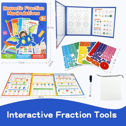 Magnetic Fraction Tiles & Circles Set with Dry Erase Board - Montessori Math Manipulatives Kit for Grade 1-5, Homeschool Classroom Fraction Puzzles and Games