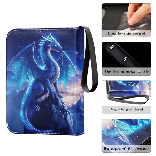 Blue Dragon Galaxy Card Binder, 4 Pocket Trading Card Holder with 50 Removable Sleeves, Zipper Card Binder Fits 400 Cards, Collection Card Storage Case Album Book Gifts - color: Blue Dragon