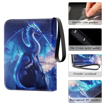 Blue Dragon Galaxy Card Binder, 4 Pocket Trading Card Holder with 50 Removable Sleeves, Zipper Card Binder Fits 400 Cards, Collection Card Storage Case Album Book Gifts - color: Blue Dragon