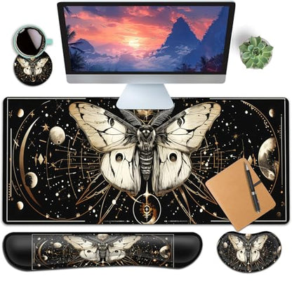 Large Gaming Mouse Pad+ Keyboard Wrist Rest Set, Ergonomics Memory Foam Mouse Mat Wrist Rest Support for Home Office, Waterproof Extended Mousepad 31.5x11.8in, Moth Black Desk Pad - color: Yvb-mousepad-9-f-164