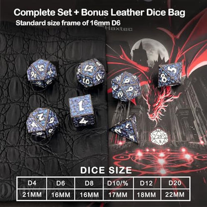 Haxtec Metal DND Dice Set Black Blue Polyhedral D&D Dice Compatible with Dungeons and Dragons Gift TTRPG Glitter Metal Dice - color: Black Blue White