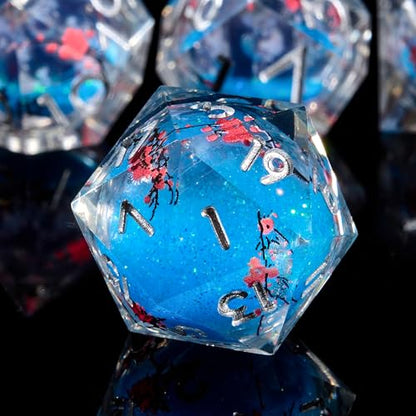 Sharp Edge Dice Set D&D Dice Resin Iridecent Mylar Galaxy D D Dice for RPG Role Playing Compatible with DND (Blue Quicksand + Plum Blossoms) - color: Blue Quicksand Plum Blossoms