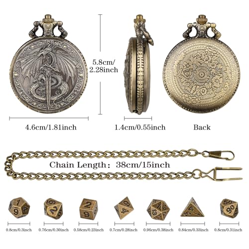 DragonSword D&D Dice Set with Pocket Watch Case, 7PCS Metal Dice Set for DND, Mini Dice with Gifts Case, Role Playing Board Games Accessories Gifts (Gold) - color: Gold