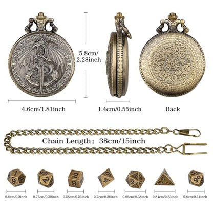 DragonSword D&D Dice Set with Pocket Watch Case, 7PCS Metal Dice Set for DND, Mini Dice with Gifts Case, Role Playing Board Games Accessories Gifts (Gold) - color: Gold