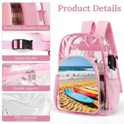 16" Clear Backpack Waterproof Stadium Bag for Security | Beach Surfboard, Transparent Backpack Stadium Events, Heavy Duty Bookbag, See Through Bag for Sports Festivals Travel - color: Pink