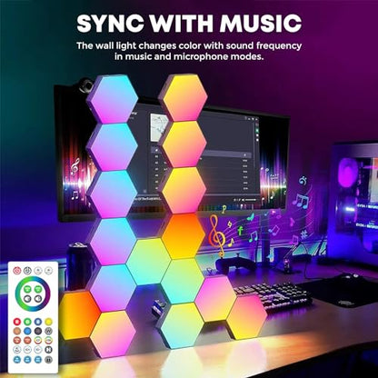 16-Pack Hexagon RGB LED Wall Lights, Smart Modular Light Panels with App & Remote Control, Music Sync Color Changing Lights, DIY Gaming Room Decor, Bedroom LED Wall Lighting, Expandable Design