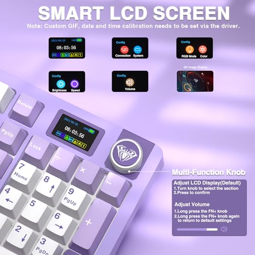AULA S98 Pro Wireless Mechanical Keyboard with Screen & Knob, Tri-Mode Creamy Keyboard with Number Pad, Pre-lubed Linear Switches, Hot Swappable RGB Backlit Computer Gaming Keyboards for PC/Laptop - color: White&Purple