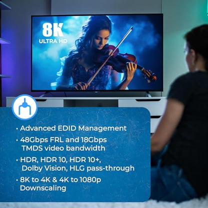 8K HDMI Splitter 1x8 – 48Gbps HDMI 2.1 Splitter 8 Port, 8K@60Hz 4K@120Hz, HDR Dolby Vision, HDCP 2.3, Downscaling 8K to 4K 1080p, Powered HDMI Splitter for TV Gaming Display - size: 8K Splitters 1x8