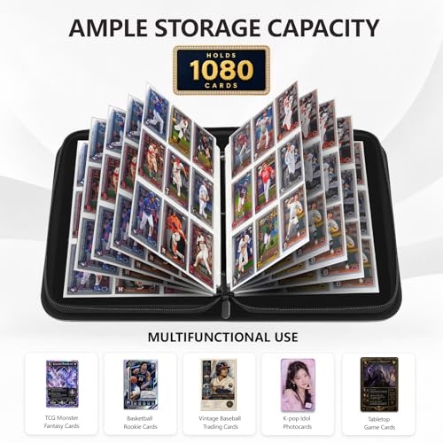 9 Pocket Zip Card Binder, Trading Card Album Holds 1080 Cards, Black | Logo-free design,top-loading pages,removable double-sided pockets,waterproof cover,soft lnner lining. - color: Black, size: 9 Pocket 1080