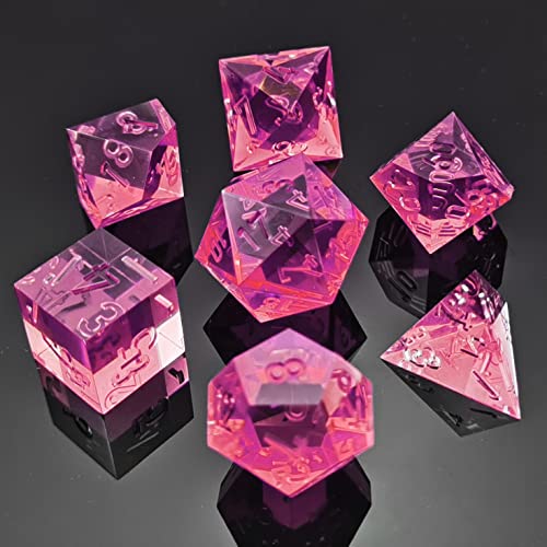 Bescon Crystal Clear (Unpainted) Sharp Edge DND Dice Set of 7, Razor Edged Polyhedral D&D Dice Set for Dungeons and Dragons Role Playing Games, Fuchsia Color - color: Fuchsia