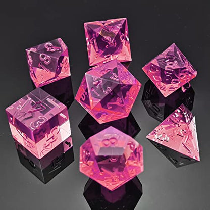 Bescon Crystal Clear (Unpainted) Sharp Edge DND Dice Set of 7, Razor Edged Polyhedral D&D Dice Set for Dungeons and Dragons Role Playing Games, Fuchsia Color - color: Fuchsia