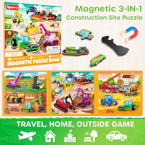 SYNARRY Construction Vehicle Toys Magnetic Puzzles for Kids Ages 3-5 | Magnetic Travel Puzzle for Kids Ages 4-6, Car Airplane Road Trip Activities, Construction Vehicle Excavator Birthday Gifts