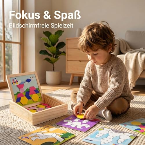 Magnetic Pattern Blocks Wooden Geometric Shape Puzzle Toy for Kids Toddlers Age 3-8 Montessori STEM Learning Educational Game 75Pcs Tangram with Storage Box Travel Gift Classroom Whiteboard