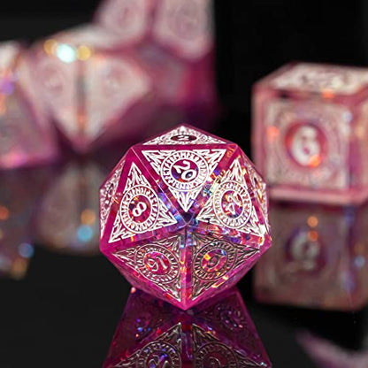Cusdie 7-Piece Polyhedral DND Dice Set with Sharp Edges, Handcrafted Dice Featuring Rune-Inspired Designs for Role Playing Games (Pink) - color: Pink Pattern-pink White
