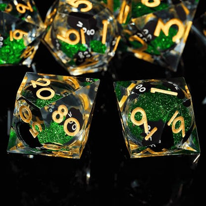 Liquid Core Cat DND Dice Set 7Pcs with Box- Sharp Edge Cute Cat Style Resin Dice for D&D, Roleplaying Games, RPG, MTG, Table Games D20 D12 D10 D8 D6 D4(Cathead-Green)