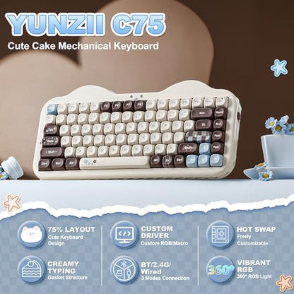 YUNZII C75 Wireless Mechanical Keyboard,75% Layout, Hot-Swappable NKRO,BT5.0/2.4G/USB-C Mode,Dye-Sub PBT MOA Keycaps,RGB Gasket Mount,Cute Cake Design for Mac/Win/Gaming (Choco, Candy Switch) - color: Choco, size: Candy Switch