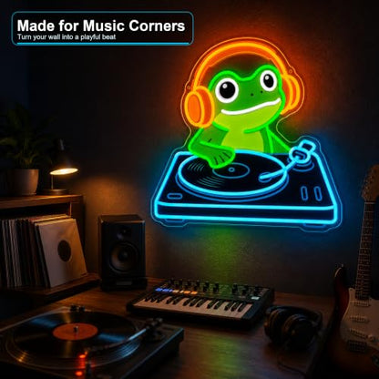 Frog DJ Neon Sign, Music Neon Signs for Wall Decor, Cute LED Light Up Sign for Bedroom, Game Room, Man Cave, Bar, Studio and Party Decor, USB Powered Dimmable Funny Wall Art Gift for DJ Music Lovers - style: DJ Frog