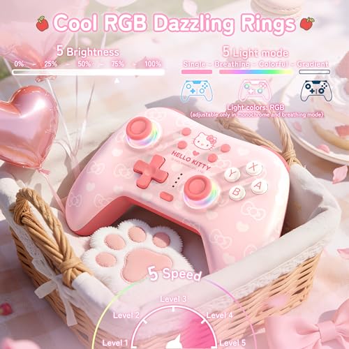 Kuitmor Hello Kitty Switch Pro Controller, Cute Hall Effect Wireless Gamepad No Drift for Switch 2/Switch/OLED/Lite, PC/Steam, Android, iOS, Bluetooth + Wired, Turbo, Back Buttons,6-Aixs Gyro, Wake-up, RGB (Pink, Without 2.4g Receiver) - color: Pink