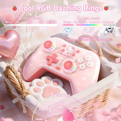 Kuitmor Hello Kitty Switch Pro Controller, Cute Hall Effect Wireless Gamepad No Drift for Switch 2/Switch/OLED/Lite, PC/Steam, Android, iOS, Bluetooth + Wired, Turbo, Back Buttons,6-Aixs Gyro, Wake-up, RGB (Pink, Without 2.4g Receiver) - color: Pink