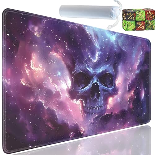Playmat for MTG, 24x14 Inches Playmats, for TCG and CCG Trading Card Game Mat, Non-Slip Rubber for MTG Playmats with A Storage Bag and 6 Dice Set, Purple Starry Skull Pattern - color: Yu-Playmat-1-E128
