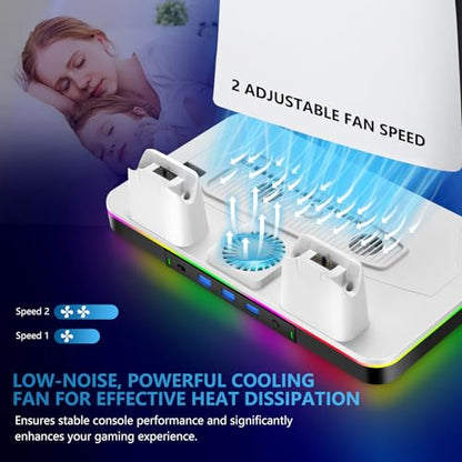 G-STORY Stand & Cooling Station for PS5/Pro/Slim, Dual Controller Charger, RGB Fan, Headset Holder