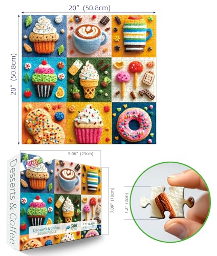 500 Piece Puzzle for Adult Embroidery Desserts Jigsaw Puzzle Cupcakes Coffee Ice Cream Donut Fabric Art Snacks Game Sweet Treats Puzzle with Letters on Back Challenging Gifts for Seniors & Families - color: Desserts