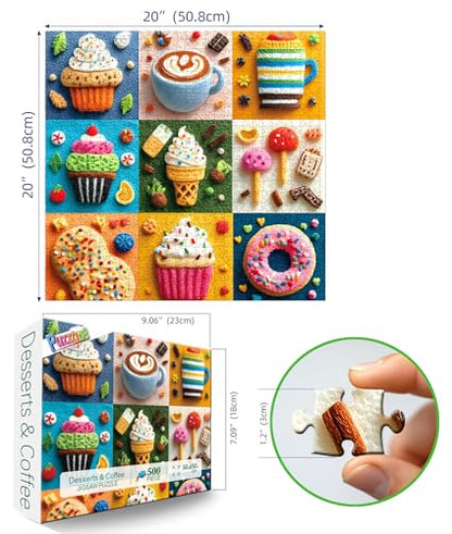 500 Piece Puzzle for Adult Embroidery Desserts Jigsaw Puzzle Cupcakes Coffee Ice Cream Donut Fabric Art Snacks Game Sweet Treats Puzzle with Letters on Back Challenging Gifts for Seniors & Families - color: Desserts