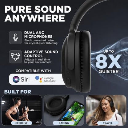 HyperGear Foldable Over-Ear Headphones - Wireless Bluetooth Headphones with Active Noise Cancelling, HD Audio, 40mm Drivers, and Deep Bass, Black - color: Black