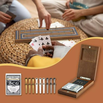 Wooden Cribbage Board Game Set, Travel Cribbage Board with Storage and Collapsible, with Magnetic Lock / 9 Metal Pegs/Full Deck of Cards, Family Board Games for Adults