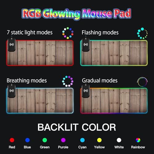 Rustic Wood Gaming Mouse Pad Led Mousepads RGB Backlit with 14 Lighting Modes, Non Slip Base Soft Computer Keyboard Mat for Gaming PC Laptop Desk, S - size: Small: 31.5 x 11.8in