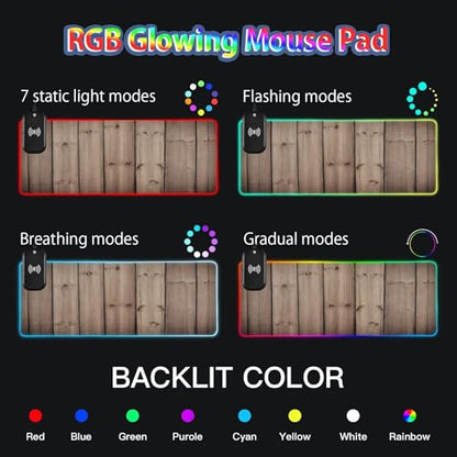 Rustic Wood Gaming Mouse Pad Led Mousepads RGB Backlit with 14 Lighting Modes, Non Slip Base Soft Computer Keyboard Mat for Gaming PC Laptop Desk, S - size: Small: 31.5 x 11.8in