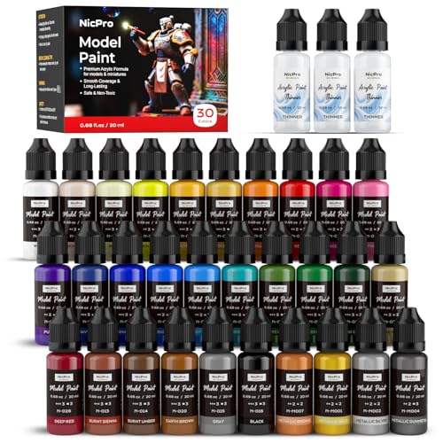 Nicpro 30 Colors Model Paint Set, 20ml Ready to Use Modeling Acrylic Paints | Brush & Airbrush Compatible, Miniature Paint Set for Beginner & Professional on Model, Scale Figure, Crafts, with 3 Thinner - style: 30 Colors with 3 Thinners