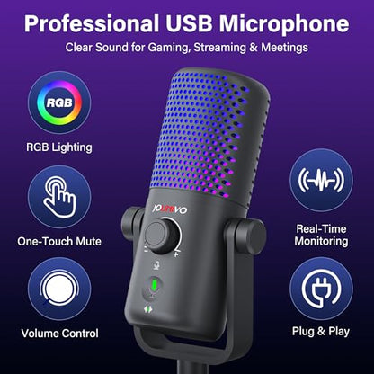 Gaming USB Microphone for PC with Pop Filter Volume Control Headphone Jack RGB Light Mute Button Plug and Play for PS4 PS5 Mac Streaming Podcast