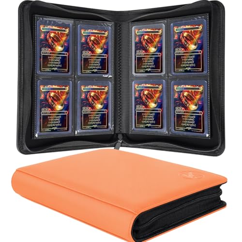Toploader Binder, Holds 128+ Toploaders（Oragne） | 4 Pocket Top Loader Card Storage Case, Double-Sided Pockets for trading card in 3 x 4'' Toploaders - color: Toploader Binder Orange