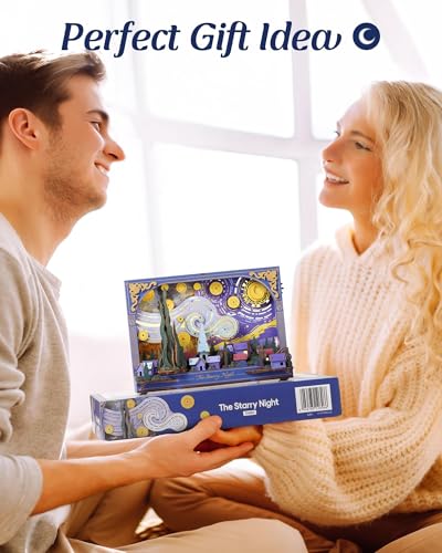 3D Wooden Puzzles for Adults Van Gogh Starry Night DIY Model Building Kits with LED Light - Home Decor, Wall Art & Unique Creative Gifts for Art Lovers/Men/Women - style: Starry Night